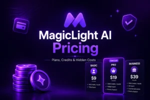 MagicLight AI pricing feature image showing plans, credits, hidden costs, and pricing comparison on a dark purple background.