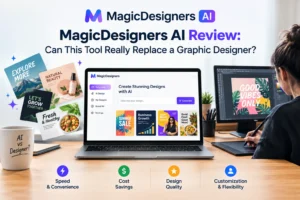 MagicDesigners AI review comparing AI design tools with a graphic designer
